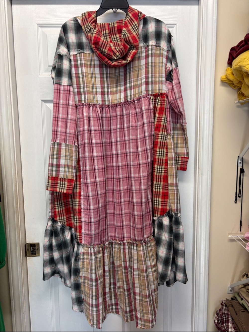 Oli & Hali Plaid Patchwork Tie Front Hooded Duster in Pink, Tan & Green New Sz S - Picture 4 of 6
